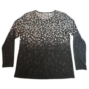 Susan Graver Blouse Womens Medium Black Silver Abstract Business Casual Shirt